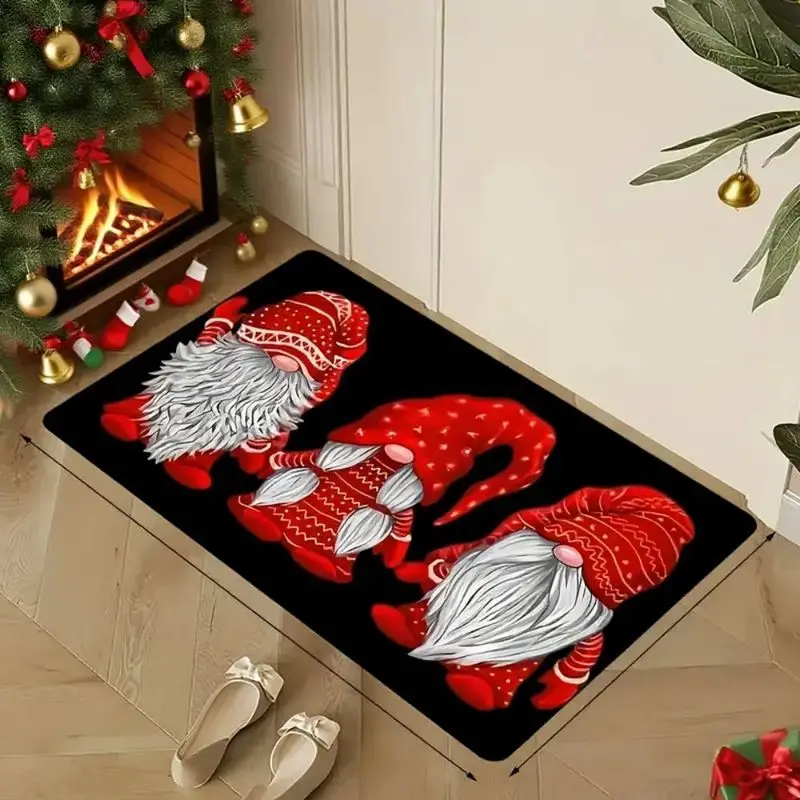 VIKAMA Christmas Flannel Kitchen Mat Three Gnomes Red Sweater Black Print Non Slip Rug For Kitchen Floor Dining Home Decor