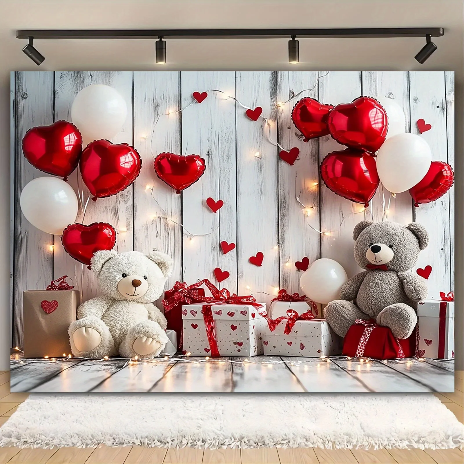 1pc Valentine's Day Teddy Bear and Heart Balloons Backdrop – Polyester Photography Background for Romantic Celebrations