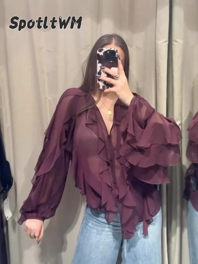 Mode Effen See Through V-hals Damesblouse Nieuwe Lange Mouw Gelaagde Lotusblad Rand Losse Shirts 2025, Famale Zomerkleding