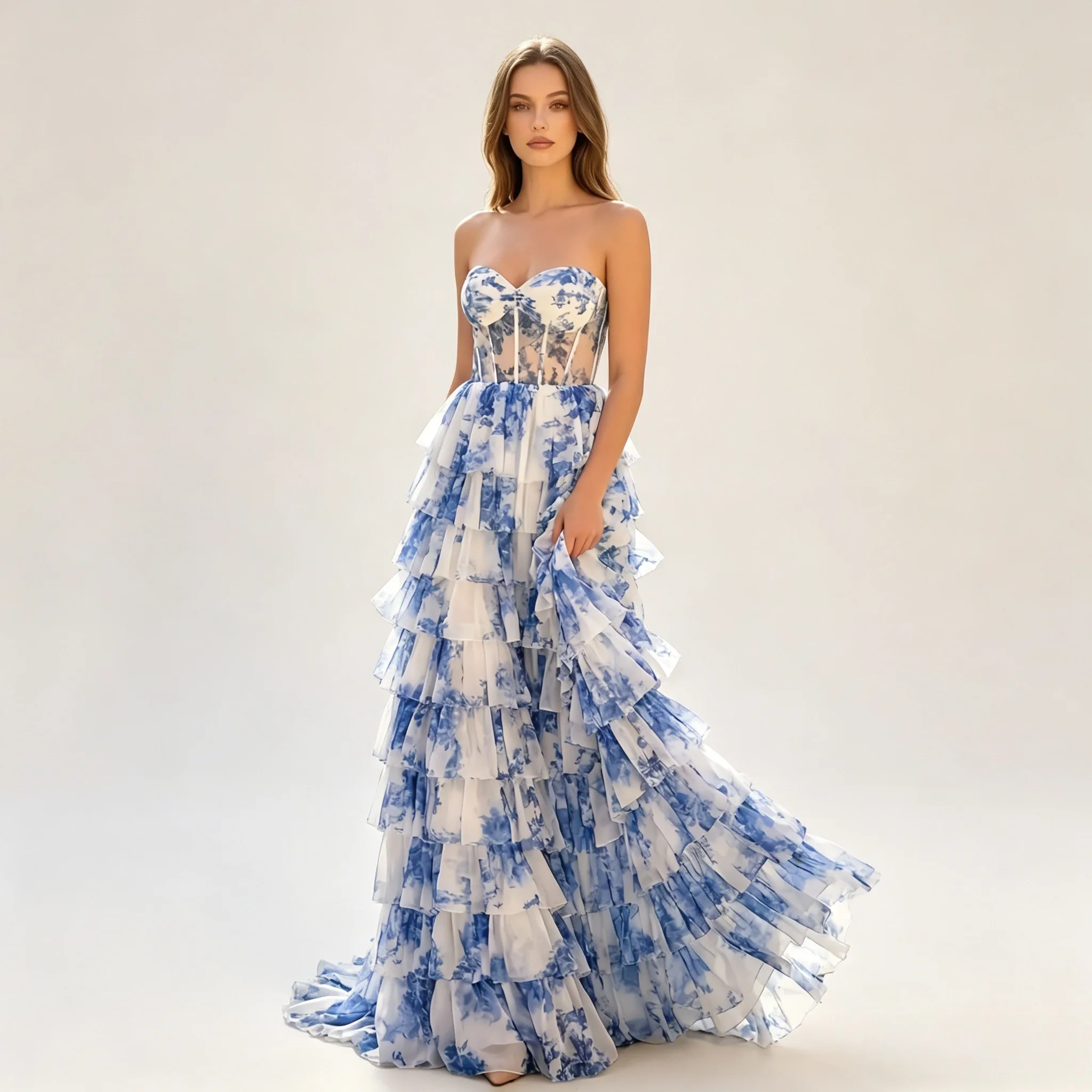 

2026 Floral Printed A Line Chiffon Evening Dress Sweetheart Bone Corset Party Prom Party Dress Formal Gowns Customized