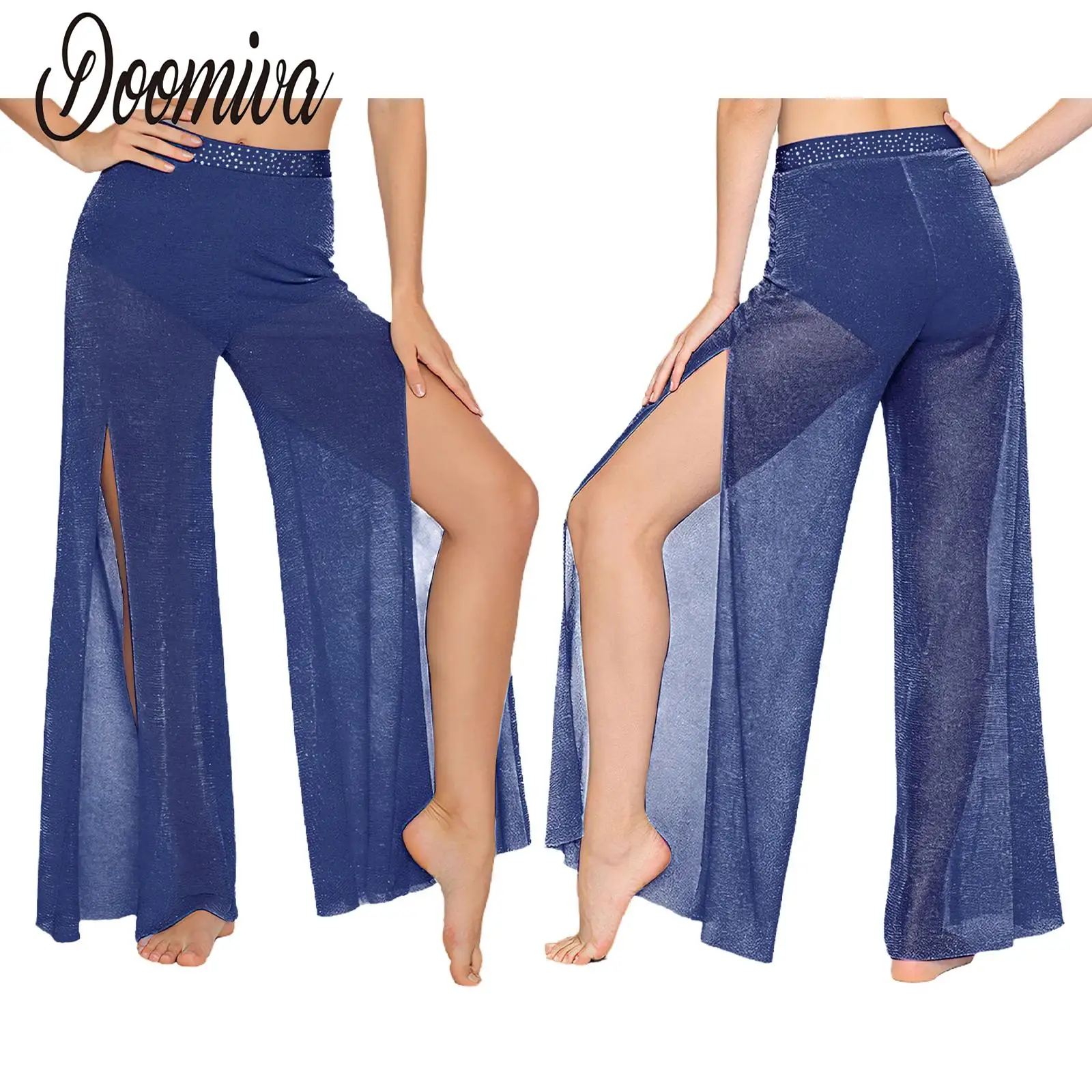 

Women Shimmering Lyrical Ballet Modern Jazz Dance Pants Sheer Mesh Wide Leg Built-in Briefs Pants for Performance Competiton