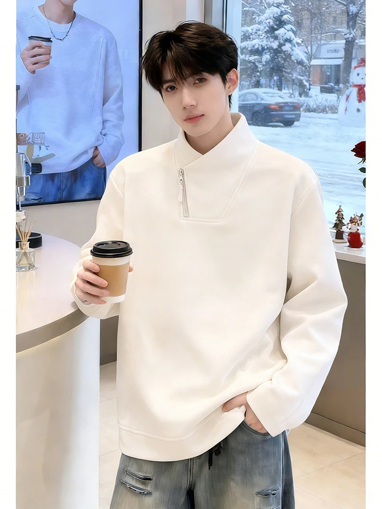 

Men's High Collar Long Sve Fce Lined Zipper Hoodie American Sle Casual Warmth Inner Wear Top White Color