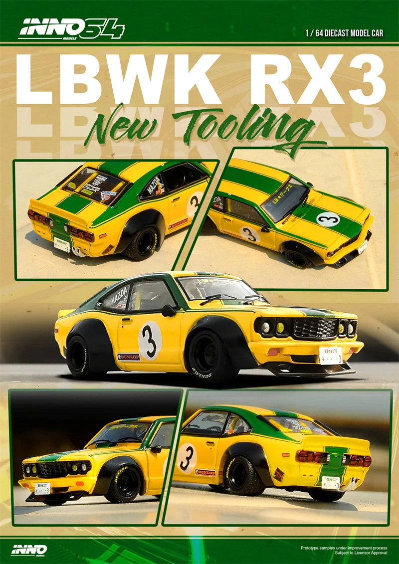 INNO-LBWK RX3 SAVANNA #3 Diecast Model Car, amarelo e verde, 1:64