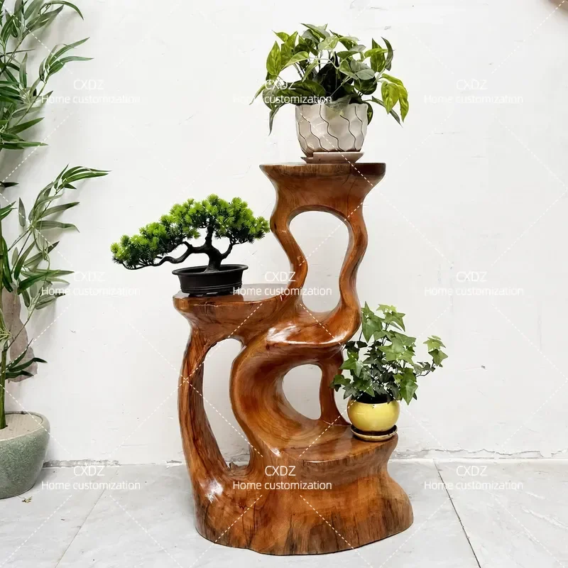 Solid Wood Root Carving Flower Stand Natural Camphor Wood Multi Layer Balcony Indoor Living Room Log Plant Display Rack