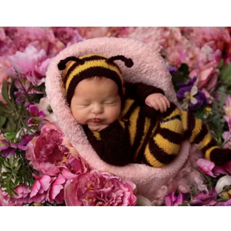 Newborn Photography Mohair Knitted Bee Clothing Hat+Jumpsuits 2Pcs/set Studio Baby Photo Props Accessories Shoot Clothes Outfits