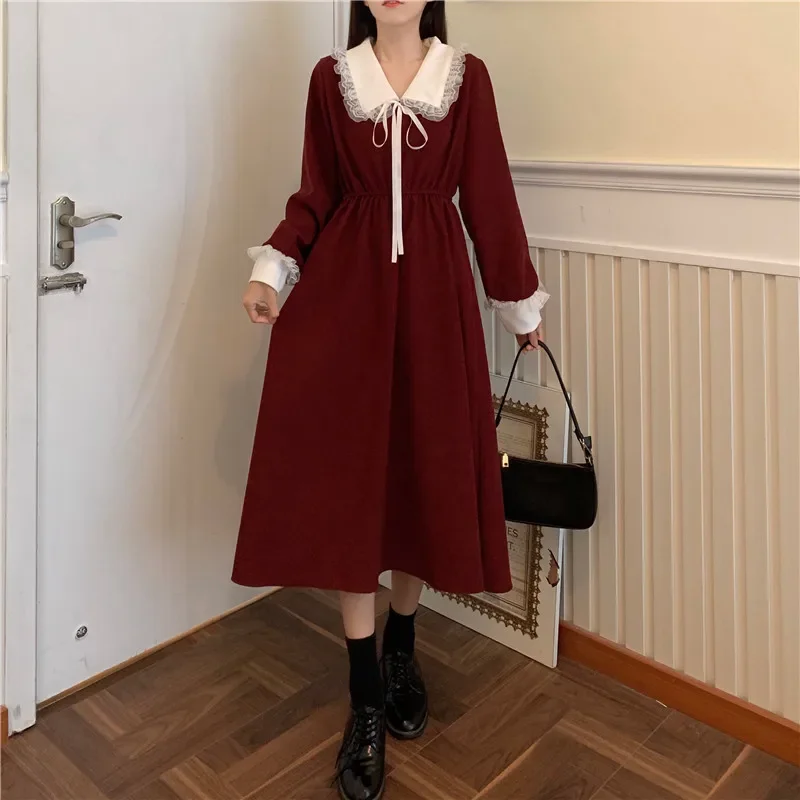 

2024 Fall Women Lace Peter Pan Collar Long Sleeve Dress Sweet French Korean Party Elegant Lace-Up Fairy Vintage Christmas Dress