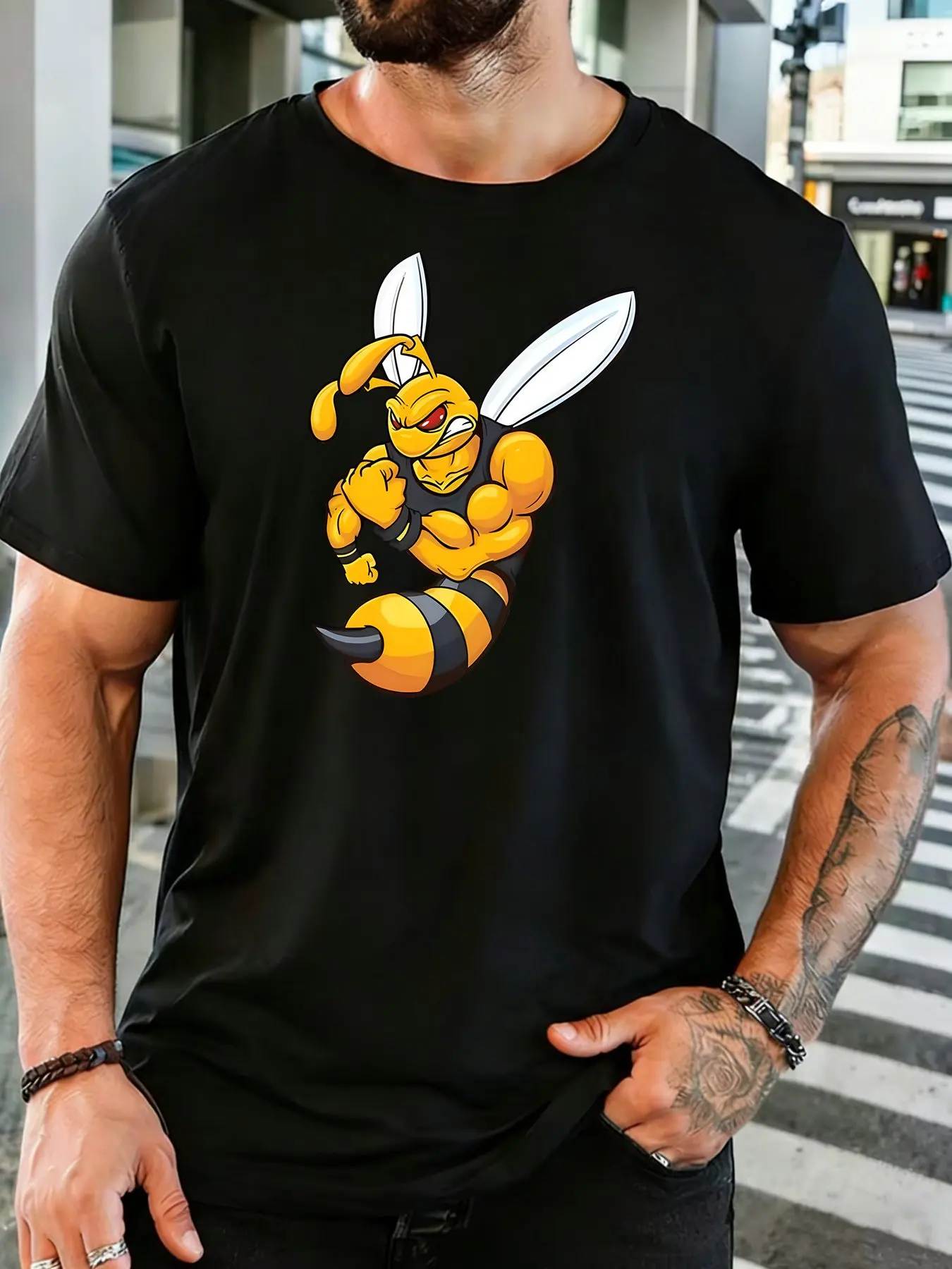 Men Cotton Tee Muscular Hornet Mascot Cartoon Graphic Short Sleeve Tshirt For Sports Insect Fans Daily Casual Street Top