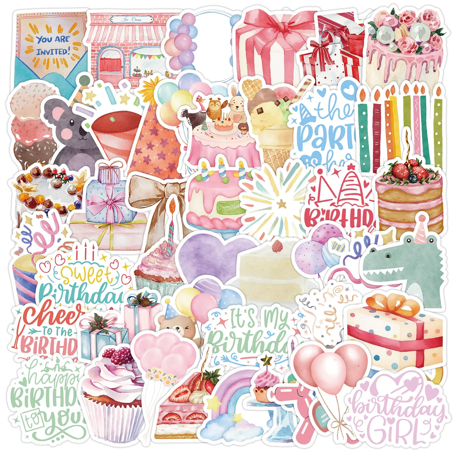 

50Pcs Cute Style Birthday Series Stickers Suitcase Phone Case Water Bottle Waterproof Decoration Diy Sticker Packs
