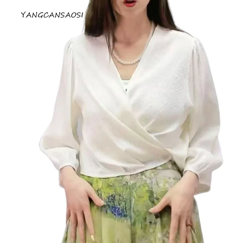 

Breathable Full Hole Luo 93% Natural Mulberry Silk GuanLe Crepe Lantern Long Sleeves V-neck Dark Buckle Solid Color Shirt