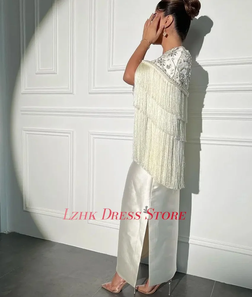 Customized Luxury Crystal Beading Tassel Straight Satin Evening Dress Delicate Half Sleeves Square Neck Bespoke Occasion Gowns