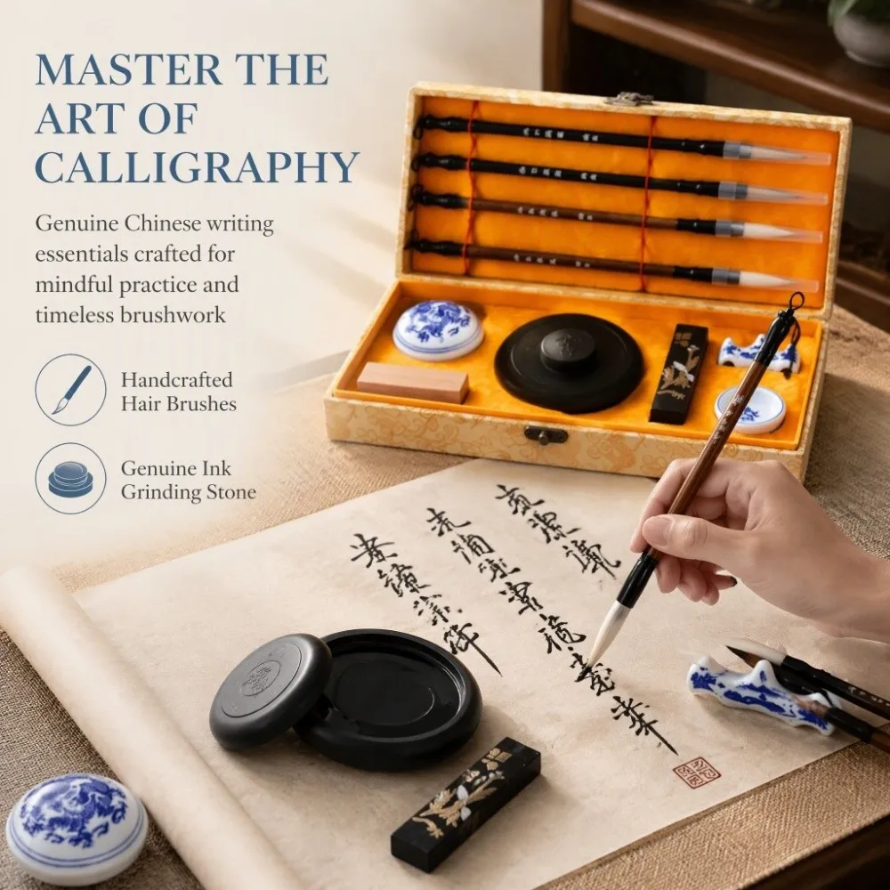 11 pcs Brush Pen Chinese Calligraphy Set Inkstone Complete Set Calligraphy Writing Kit Plastic Ink Stone Ink Stick Ink Stone Kit