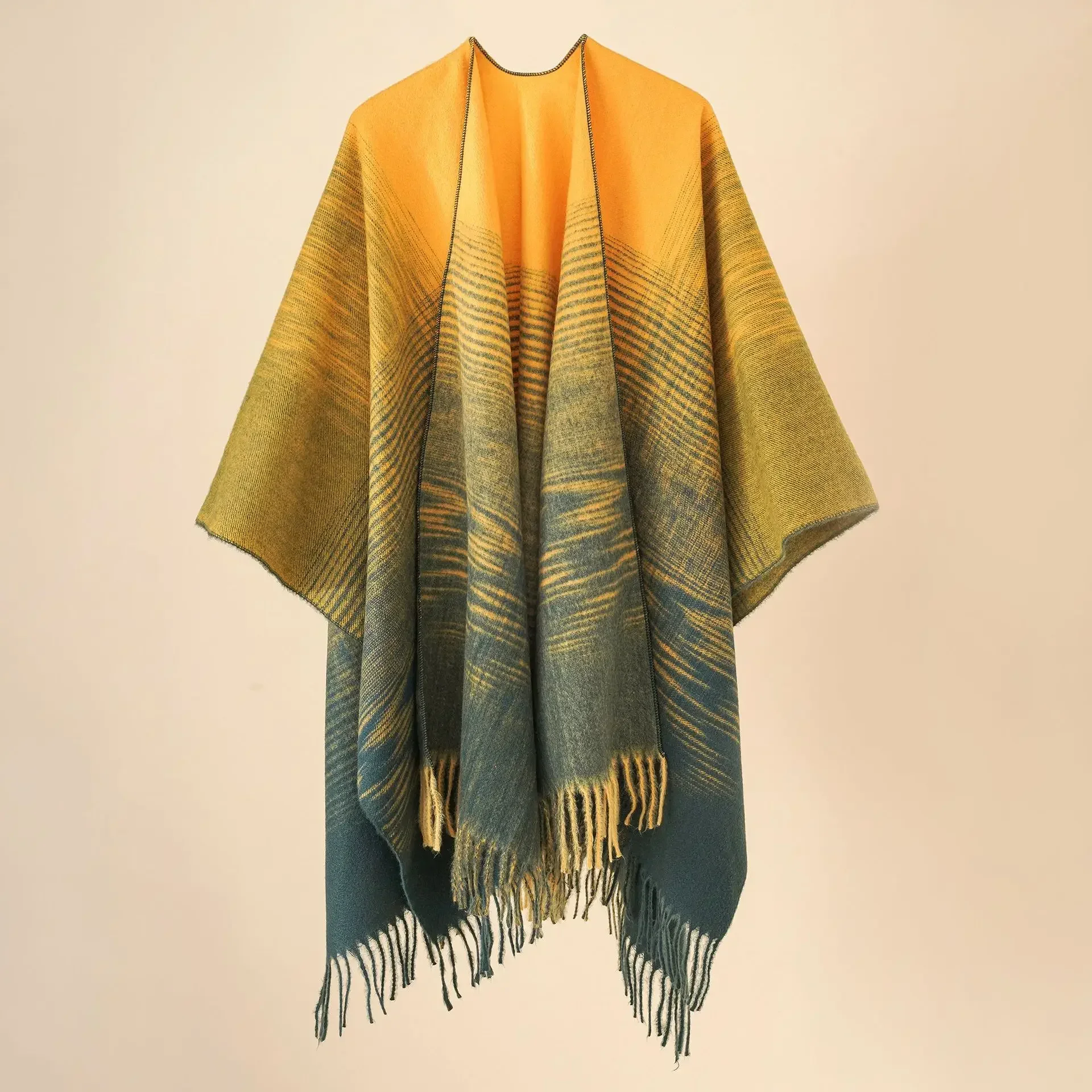 Autumn Winter New Style Shawl Women's Imitation Cashmere Gradual Tassel Poncho Lady Capes Yellow Cloaks