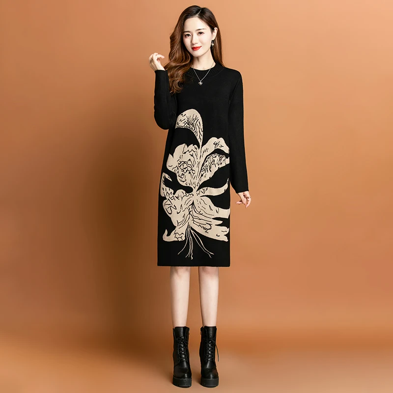 2023 Autumn/Winter New Wool Knitted Dress Flower Jacquard Loose Large O-Neck Underlay Slim Knee Long Dress Bohemian Robe