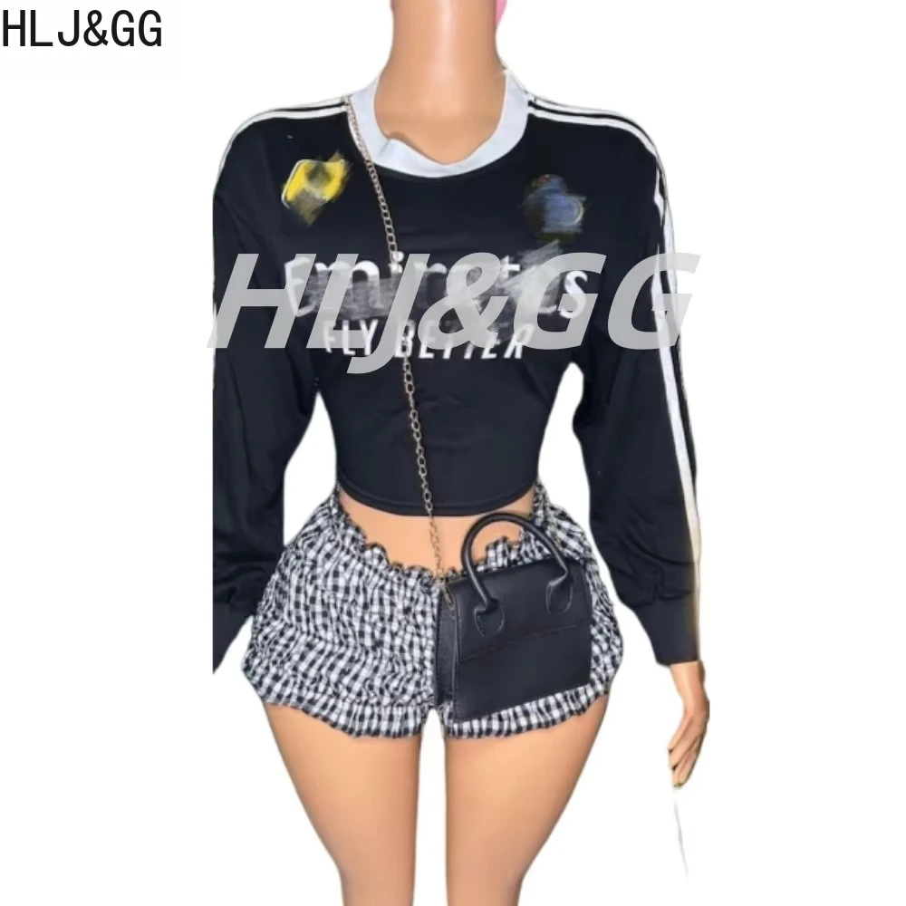 HLJ&GG Y2K Fashion Retro Letter Printing Pullover Two Piece Sets Women O Neck Long Sleeve Top + Ruched Shorts Outfits Streetwear