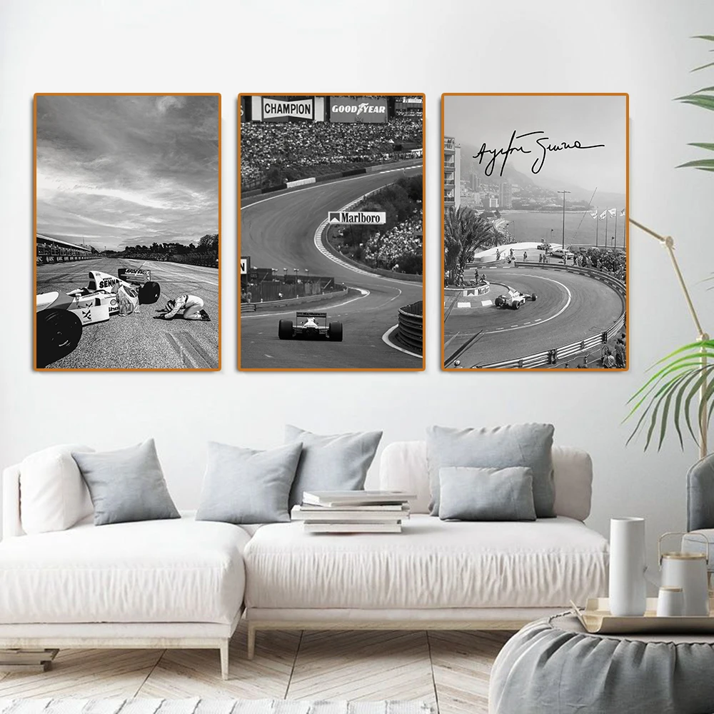 Black White Formula Grand Prix Legend Racing Poster Vintage Senna Race Car Canvas Painting Leclerc