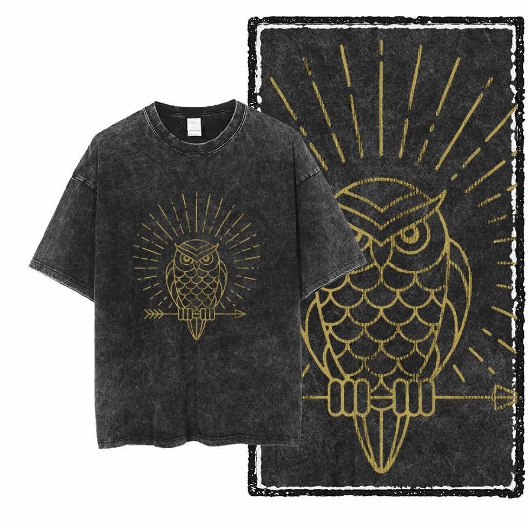 

Golden Owl & Arrow Graphic Men T Shirt Oversized Men Tee Vintage Washed Black T-Shirt Retro Distressed Casual Men’s T Shirt