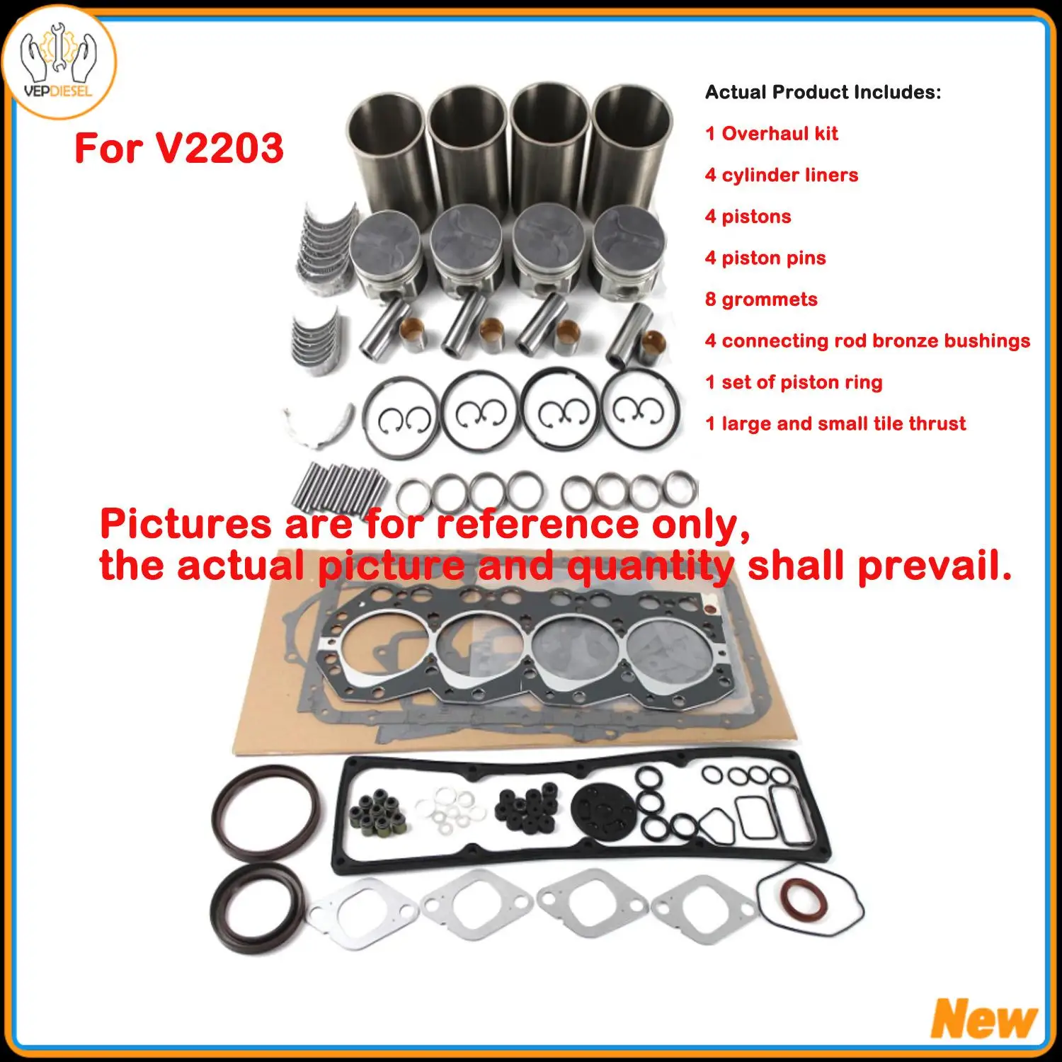 V2203 1set Overhaul Rebuild Kit For Kubota Bobcat Direct Injection Piston Ring Gasket Piston No. 1G796-21110 1G796-2111 New Part