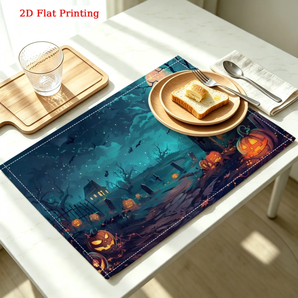 1pc Halloween Placemat Blue Pumpkin Ghost Print Table Mat Kitchen Dining Decor Protection 30x40cm