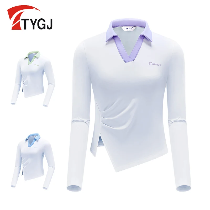 TTYGJ 2023 Golf Wear Woman Clothing Long Sleeve Sports Top  Autumn Waist Retraction Lapel  White Fashion T-shirt Quick Drying