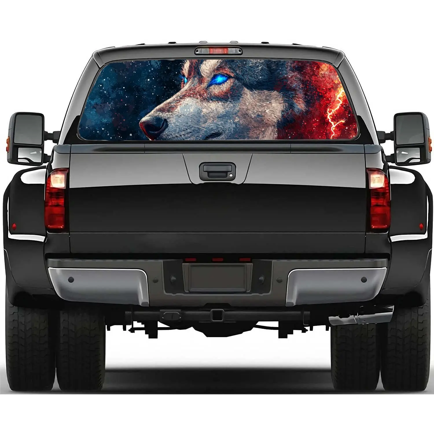 Starry Wolf with Blue Eye Car Rear Windshield Sticker Truck Rear Window See Through Perforated Back Window Vinyl Decal Decor