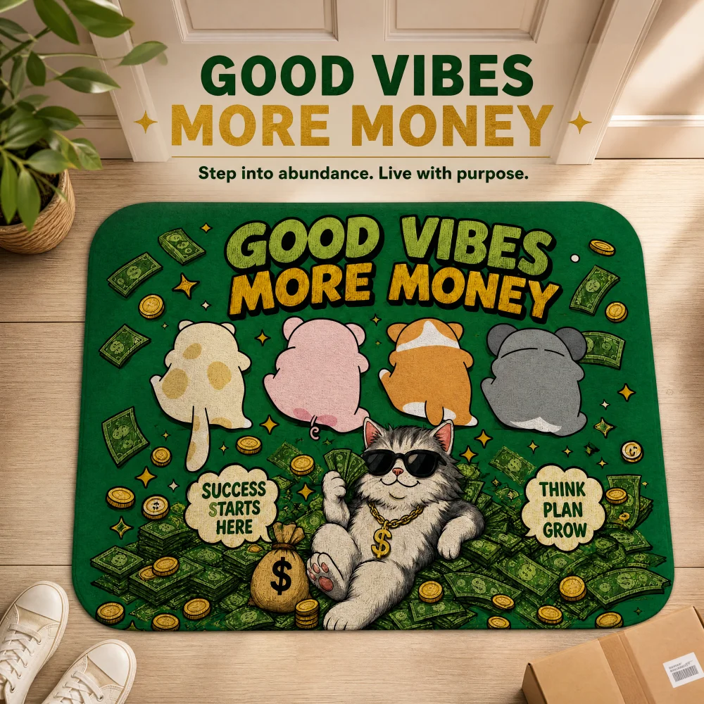Good Vibes More Money Printed Floor Mat Cute Cartoon Cat Money Pattern Non‑Slip Door Mat for Bedroom Entrance Home Decor Gift