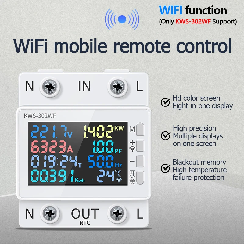 170-270 V/63A Power Meter 8in1 Kleurenscherm Multifunctionele Wisselstroom Voltmeter Spanning Amps Watt Kwh Meter Op afstand Controle