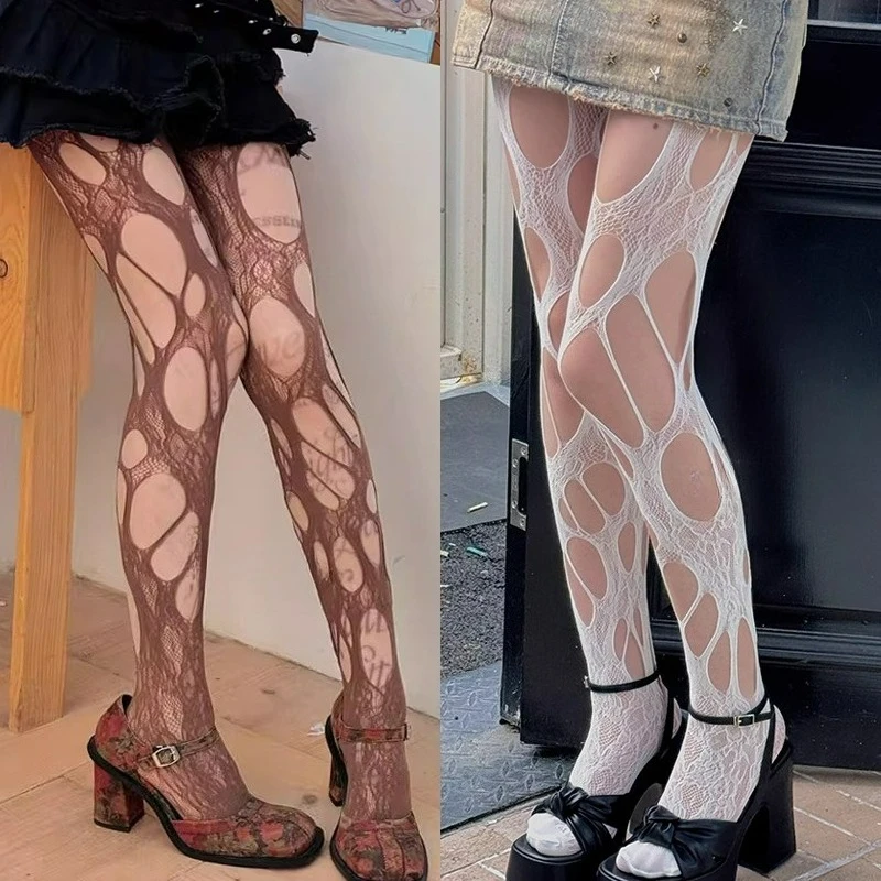 Gothic Women's Irregular Exposed Skin Tights Ripped Fishnet Thin Pantyhose Punk Y2K Hollowed-out Retro Lace Sexy Silk Stockings