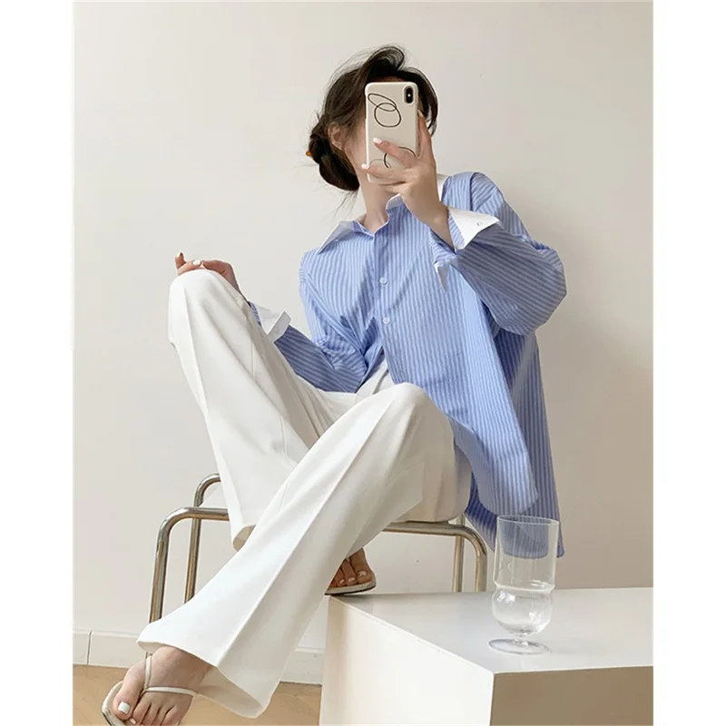 Elegant Chic Woman Shirt Striped Long-Sleeved Shirt Women Blouses Spring Autumn Korean Style Clothes Loose Casual Top Female