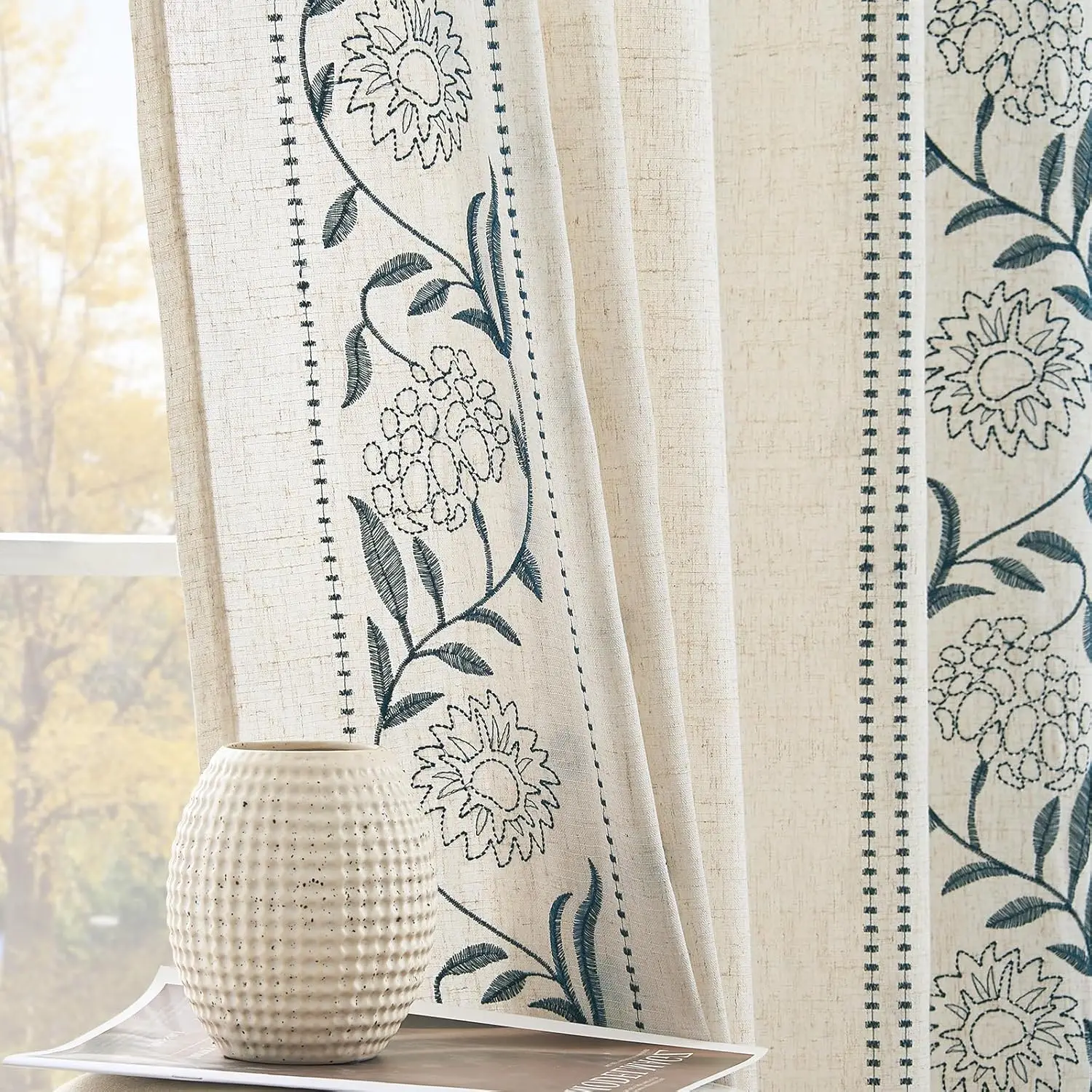 

Winslow Linen Curtains for Bedroom 108 Inches Length Embroidered Bordered Floral Curtains for Living Room Farmhouse Deco