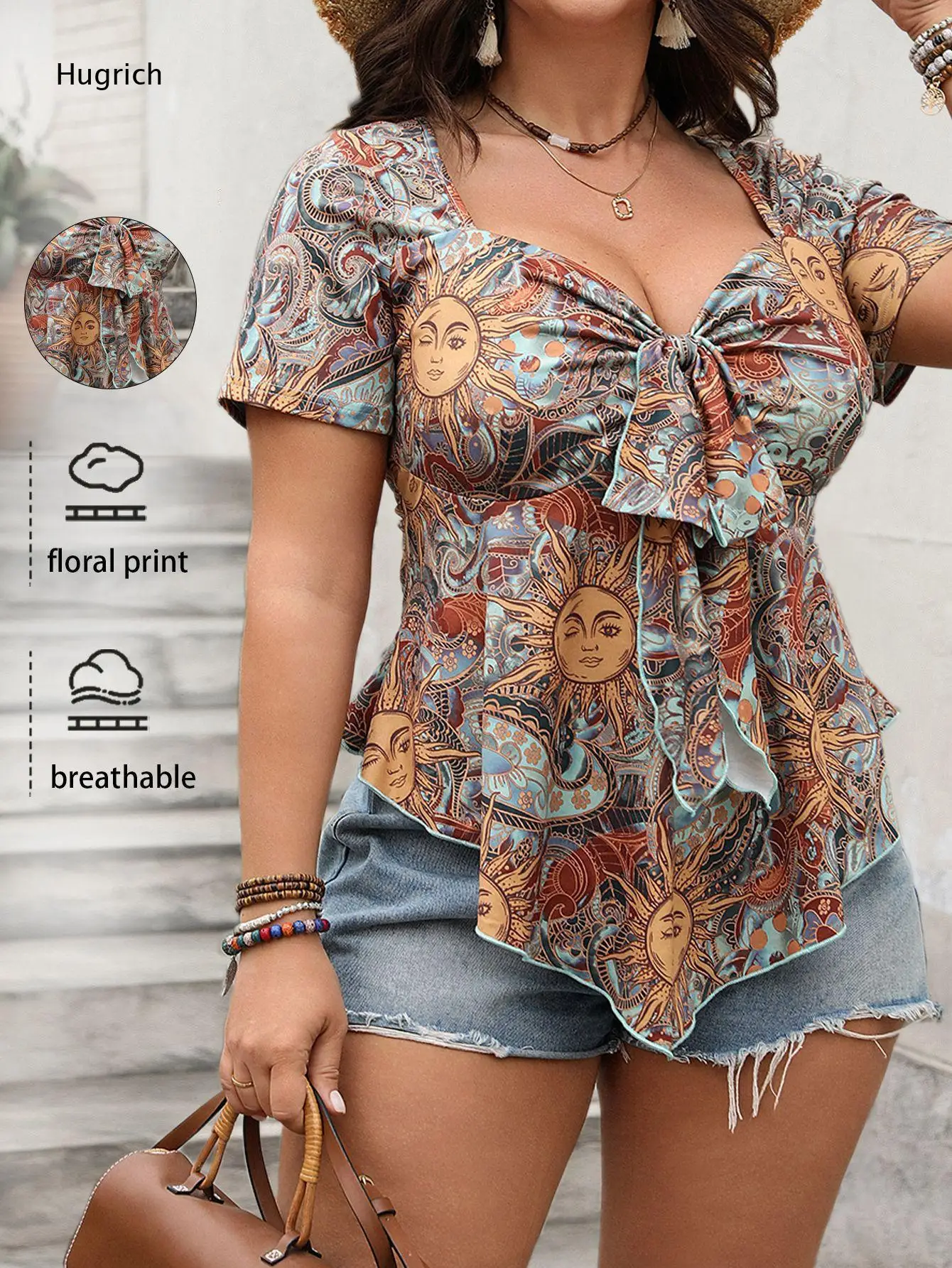 Curvy Plus Size Printed Peplum Tunic Top Square Neck Front Tie Detail Puff Short Sleeve Irregular Hem Vacation Wear Shirt