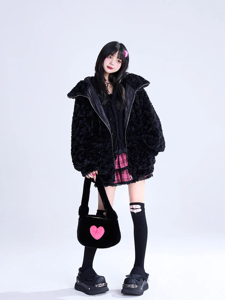 Harajuku Subculture Punk Kawaii Black Plush Jacket Autumn Winter New Girl's Sweet Cool Gothic Loose Gothic Faux Fur Jacket