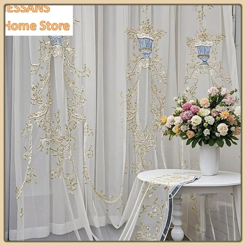 French Blue Embroidered Tulle Curtain American Bedroom Living Room High-end Villa European Curtain Door Screen Shutter