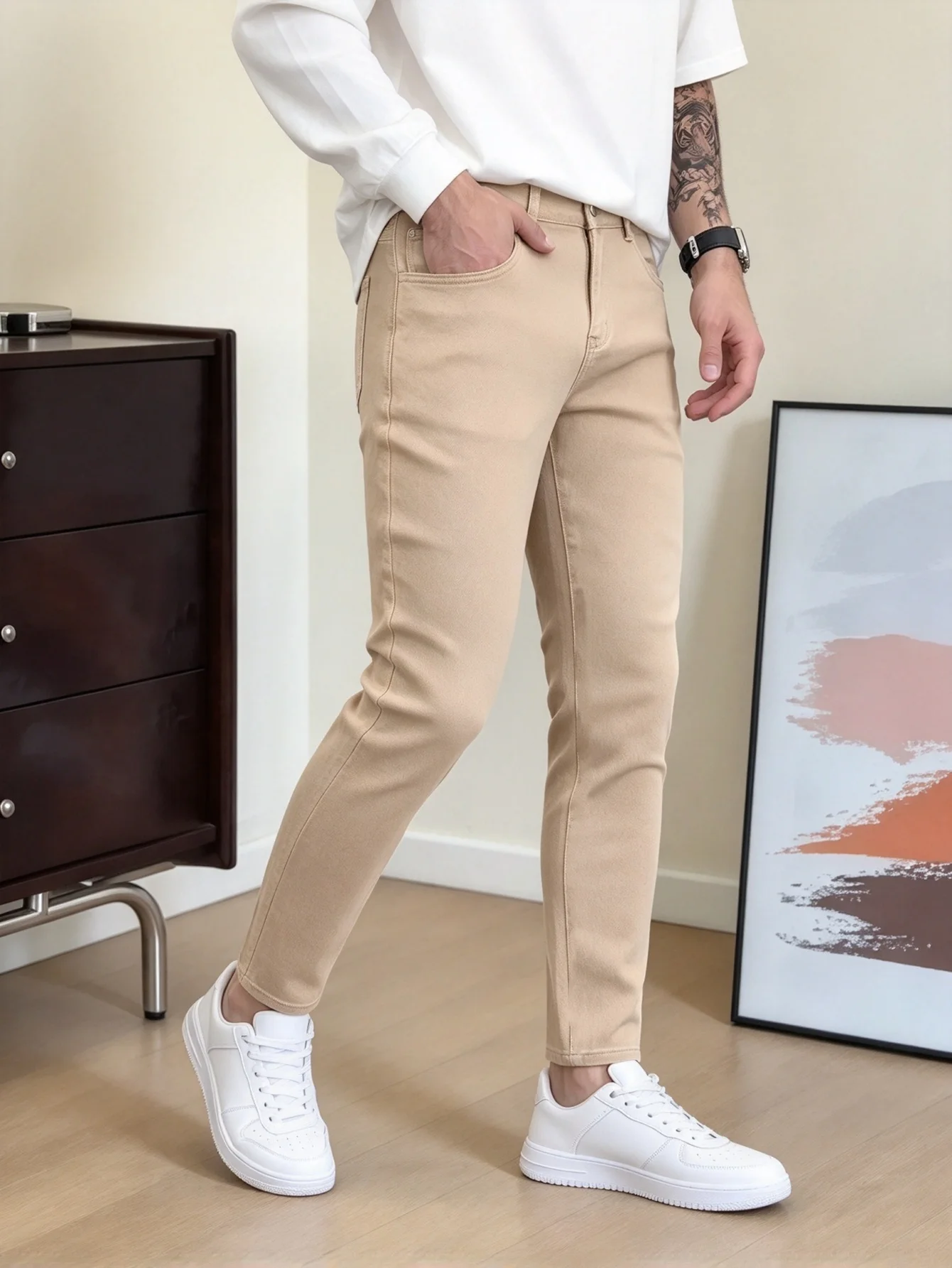 Nostalgic Y2K Khaki Slim Fit Jeans for Men Fashion Street Style Denim Trousers Wonderful Gift for Your Lover