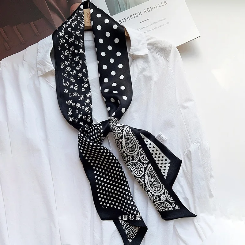 

100% Mulberry Silk Black White Paisley Polka Dot Satin Scarf Women Neck Tie Hair Bandana Bag Ribbon Foulard Fashion Accessory