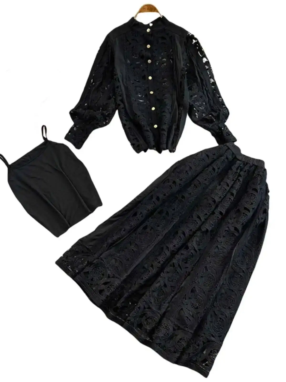 Set pakaian luar 2 potong untuk wanita, set Dress renda bunga bordir putih, atasan rok panjang Midi, setelan pakaian luar 2 potong untuk wanita