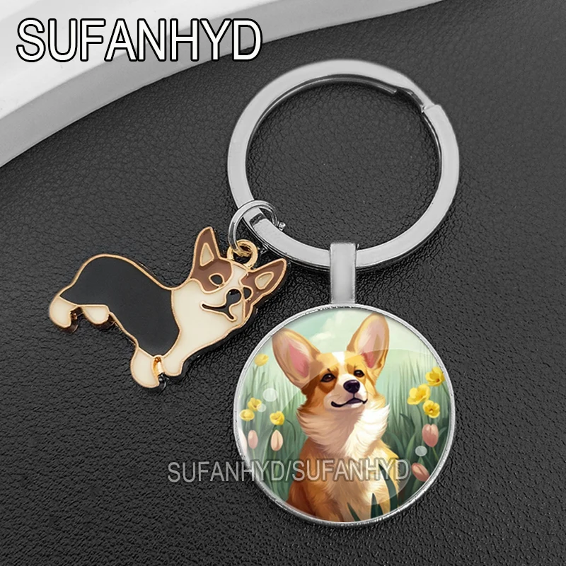 Cute Corgi Keychain Crystal Dog Key Ring Lovely Puppy Keychains for Animal Lovers Women Fashion Bag Pendants