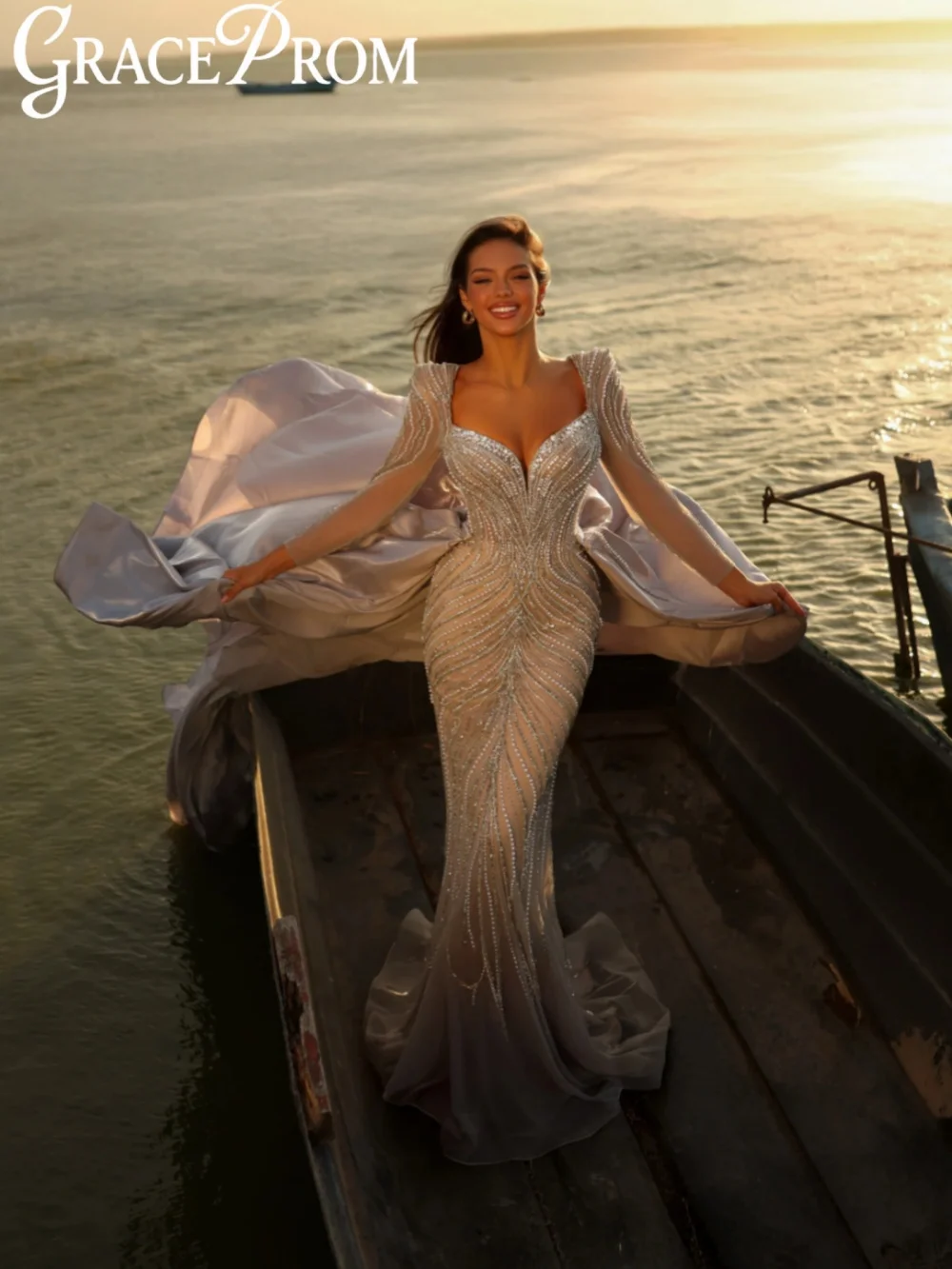 Fashion Dazzling Beads Pearls Evening Dress Detachable Train Vneck Red Carpet Gown New Customized Exquisite Long Banquet Gowns