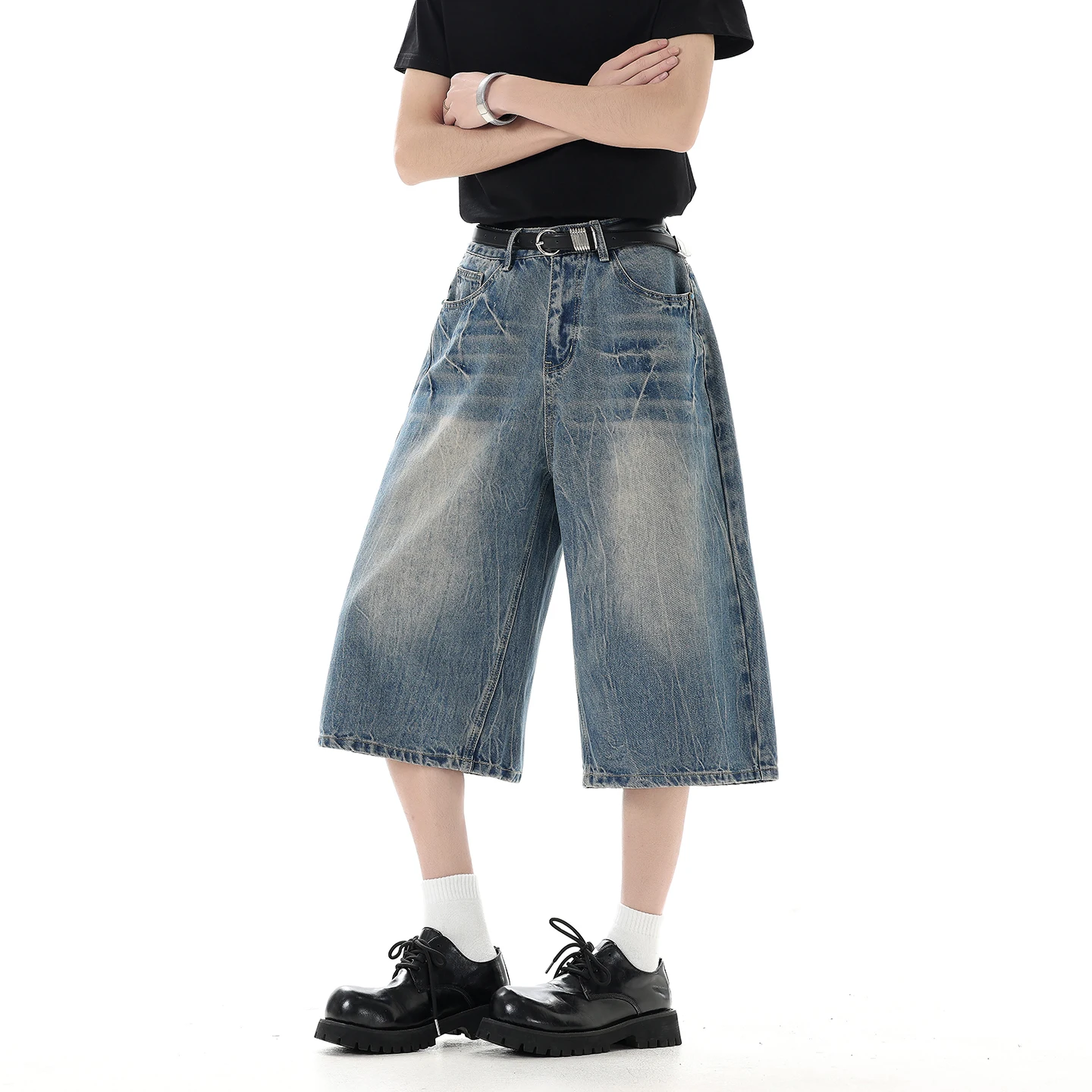 

Vintage Blue Washed Jeans Calf Length Baggy Wide Leg Denim Shorts Streetwear Hip Hop Y2K Fashion Casual Loose Short Pants