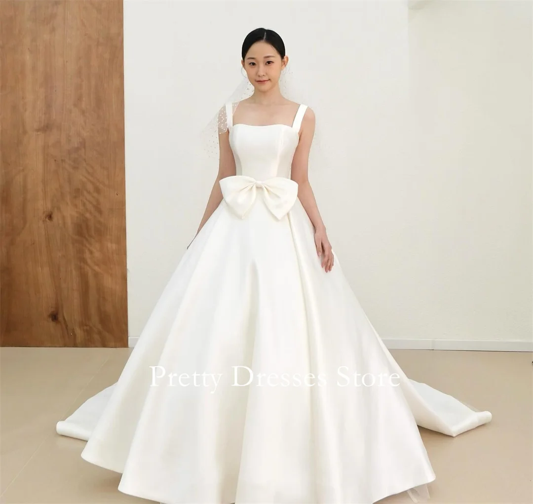 

Pretty Korea Style Satin Garden Elegant Customized Ivory Wedding Dresses A-Line 프롬드레스 Corset Elegant Bride Growns Party Women