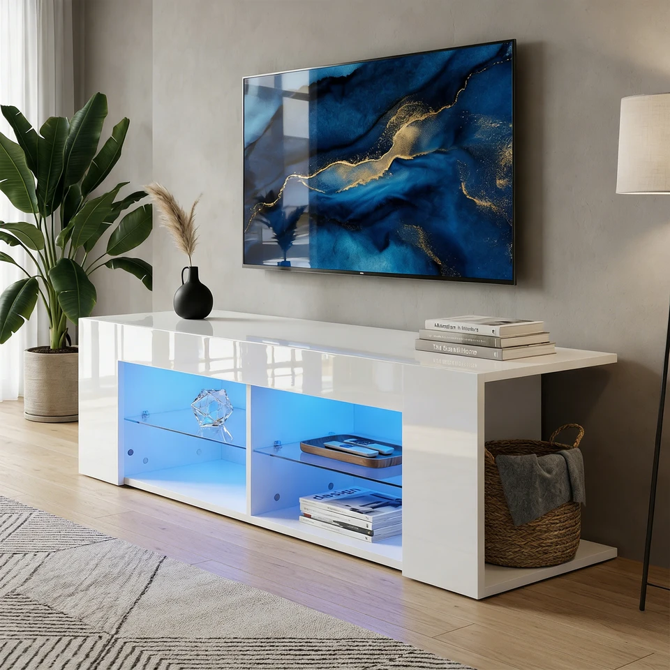 Modern RGB LED TV Stand Cabinet with Glass Shelves