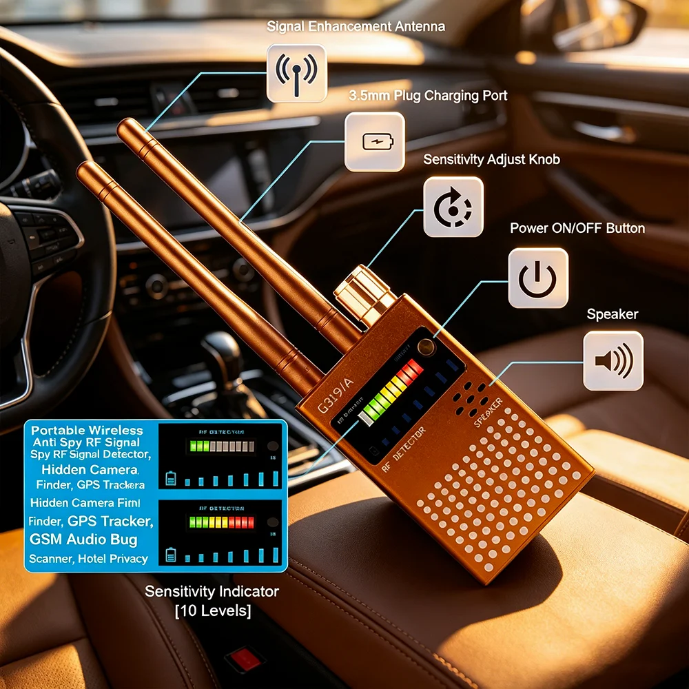 ポータブルワイヤレスアンチスパイrf信号検出器、隠しカメラ探知機、gpsトラッカー、gsmオーディオ盗聴器スキャナー、ホテルプライバシー保護装置