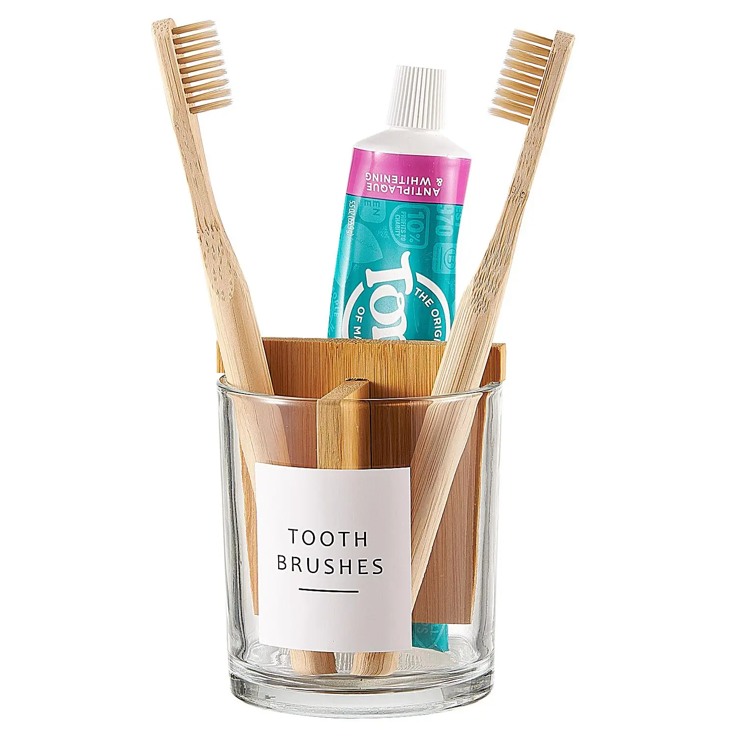 

Glass Toothbrush and Toothpaste Holder with Bamboo Divider for Bathroom Countertop, Toothbrush Organizer Stand for Bathroom Vani