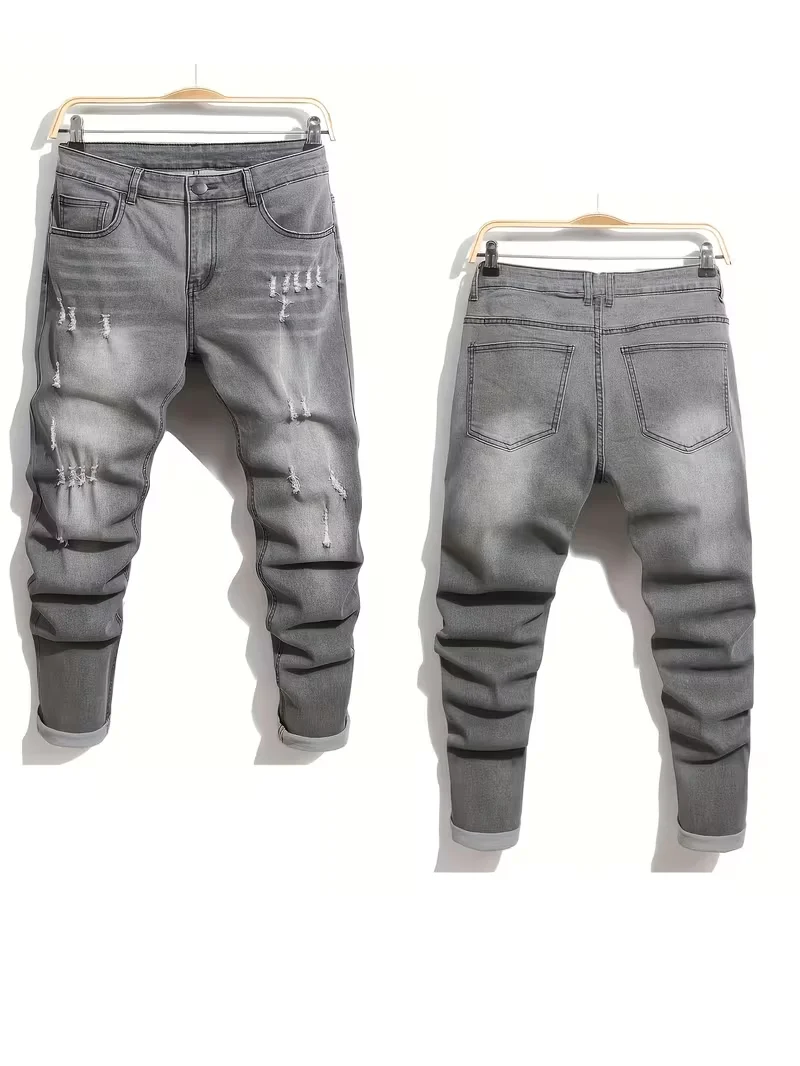 Commuter Business Street Style Stretch Jogger Versatile Jeans, Fashionable Trendy Casual Streetwear Sporty Youthful Men's Slim-Fit Long Pants