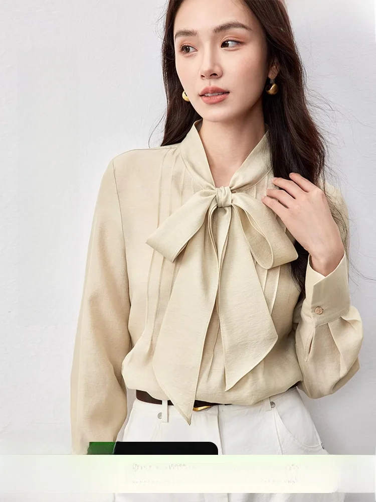 

Ele Commuter irt Women's Spring 2026 Long Sve Wool Blend Blouse with Bow Tie Dra Neline Polyester Lenzing Fiber