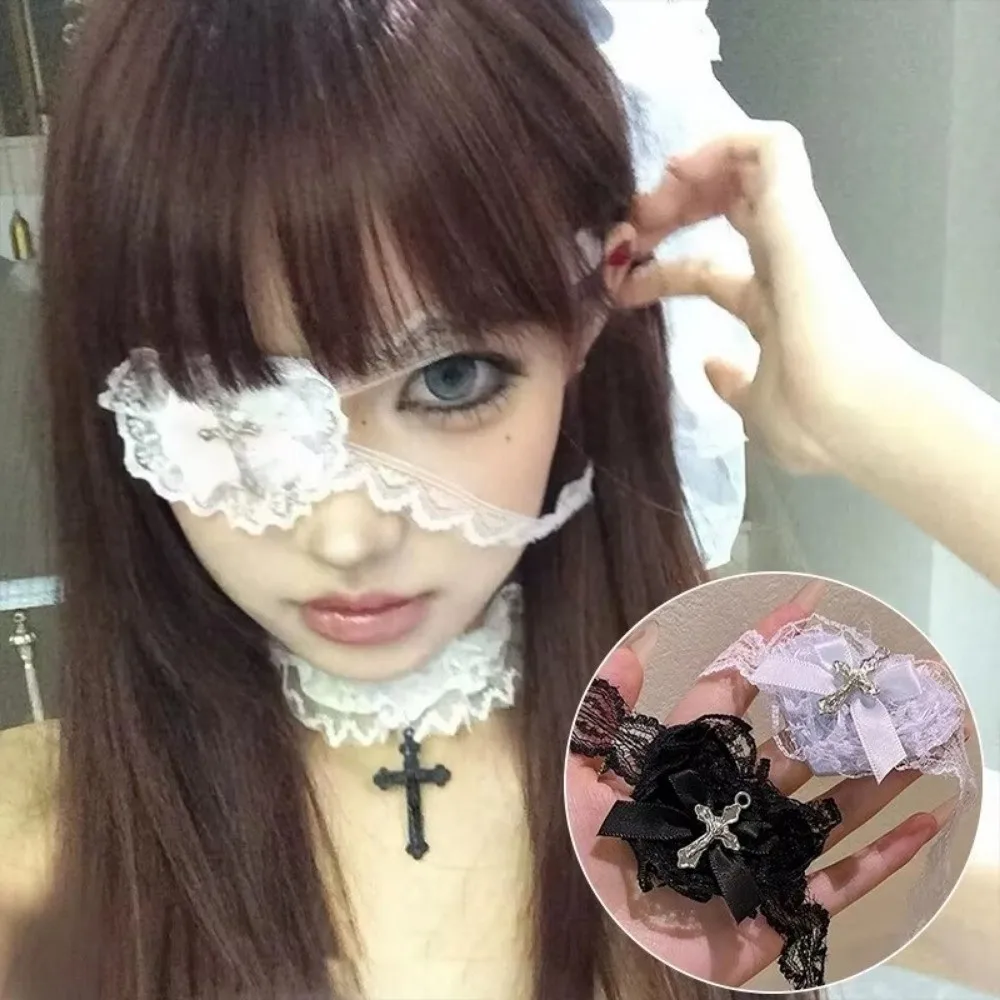 Gothic Style Lace Bows Heart Cross Eye Mask Black White Cloth Lolita Cosplay Eye Patch Sweet Cool Halloween Bowknot Eye Mask