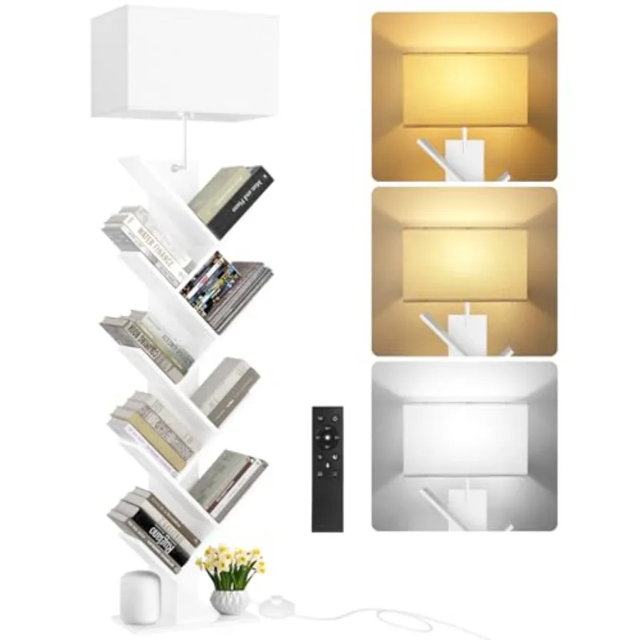 

Tree Bookshelf with Light Remote and Timer Dimmable Tall Floor Book Shelf Narrow Wood Bookcase Small Book Organizer Shelves for