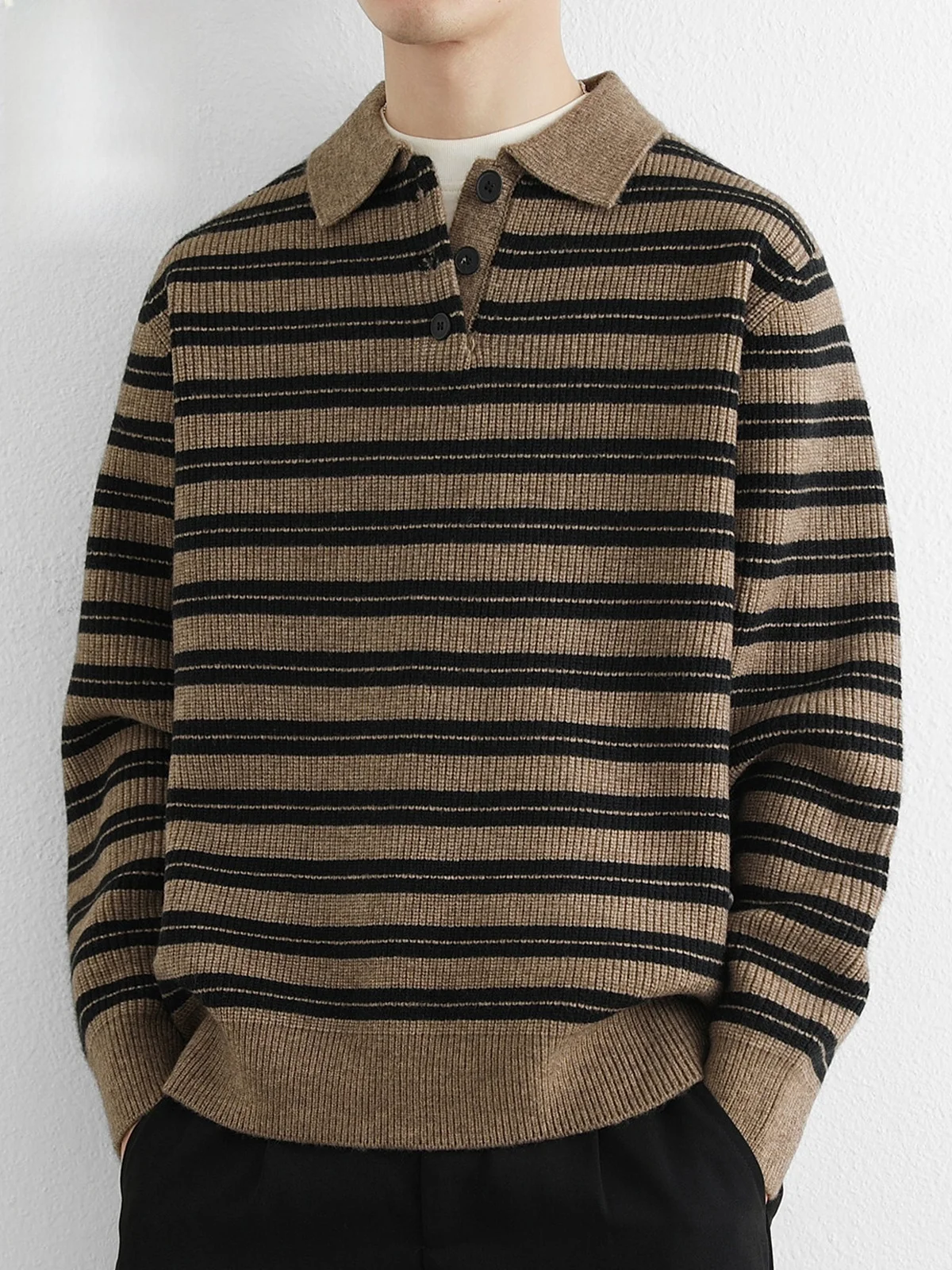 

Мужской свитер Henry Collar Knitwear, весна 2026, свободный крой, повседневный, в полоску, комфортный, с длинным рукавом, молодежный стиль