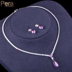 Pera Trendy Mystic Purple CZ Crystal Water Drop Pendant Necklace and Earrings Bridal Wedding Jewelry Sets for Brides Party J429