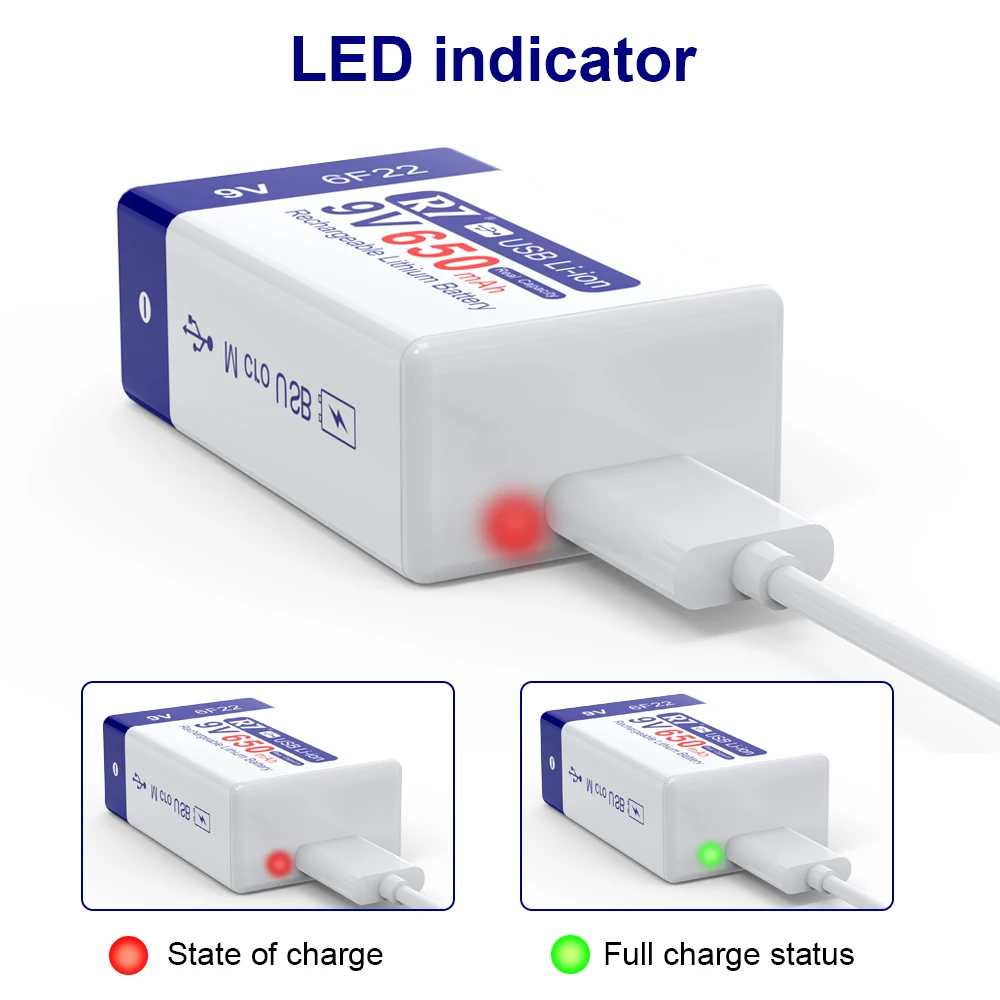 R7 Li-ion 9V Rechargeable Battery 650mAh type-c charging USB 6F22 Battery for Metal Detector Microphone Toy