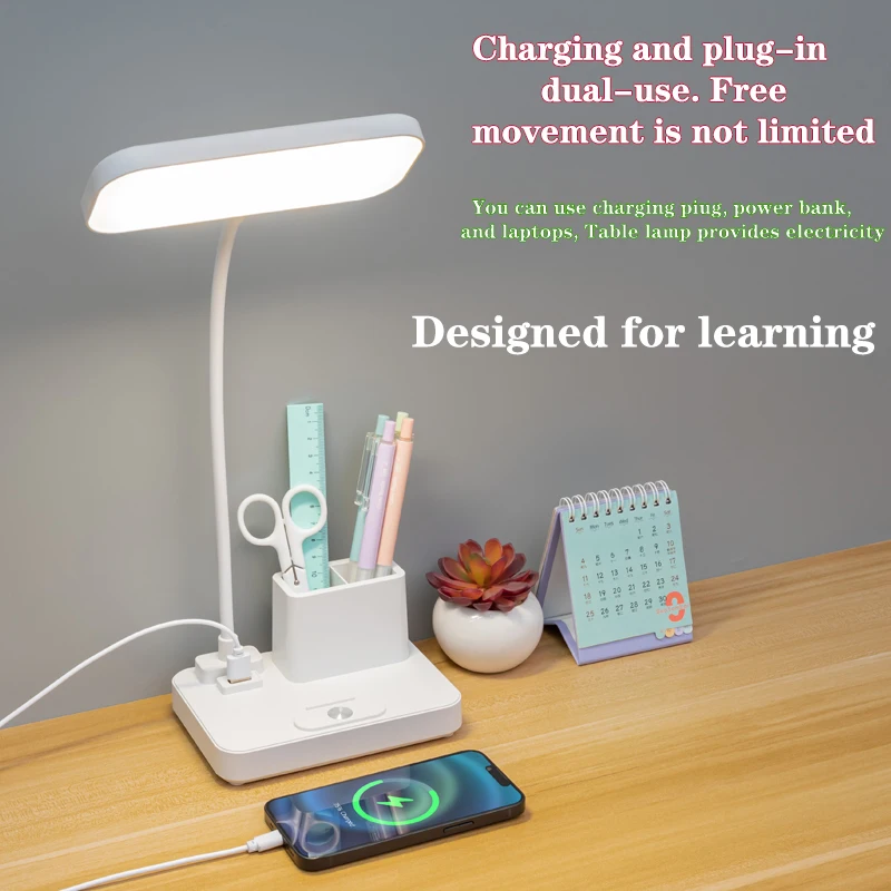 Portable LED Penholder Table Lamp with Three Adjustable Color Temperatures, Long Press for Dimming, Removable Rechargeable Batte